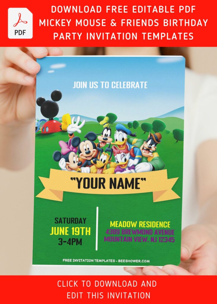 (Free Editable PDF) Mickey Mouse And Friends Birthday Party Invitation Templates with green field background