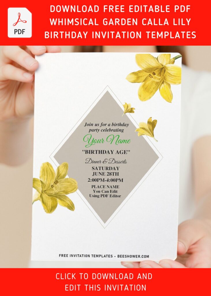 (Free Editable PDF) Whimsical Fawn Stargazer Calla Lily Birthday Invitation Templates with stunning gold frame