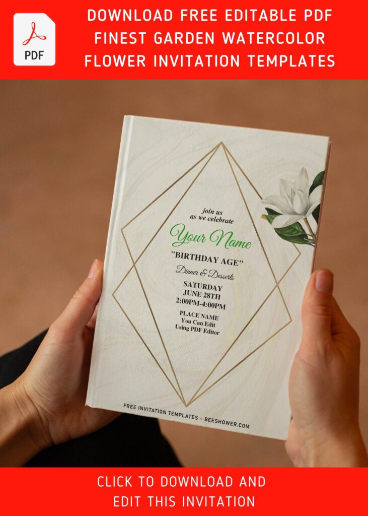(Free Editable PDF) Blissful Romantic Flowers Birthday Invitation Templates with gold geometric frame