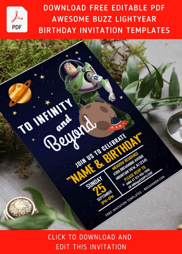 (Free Editable PDF) To Infinity And Beyond Buzz Lightyear Invitation Templates with colorful text