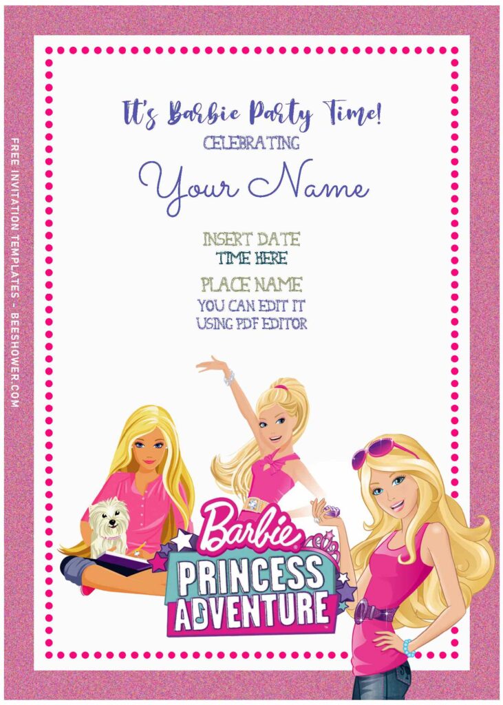 (Free Editable PDF) Cheerful Pink Barbie Girl Birthday Invitation Templates with editable text