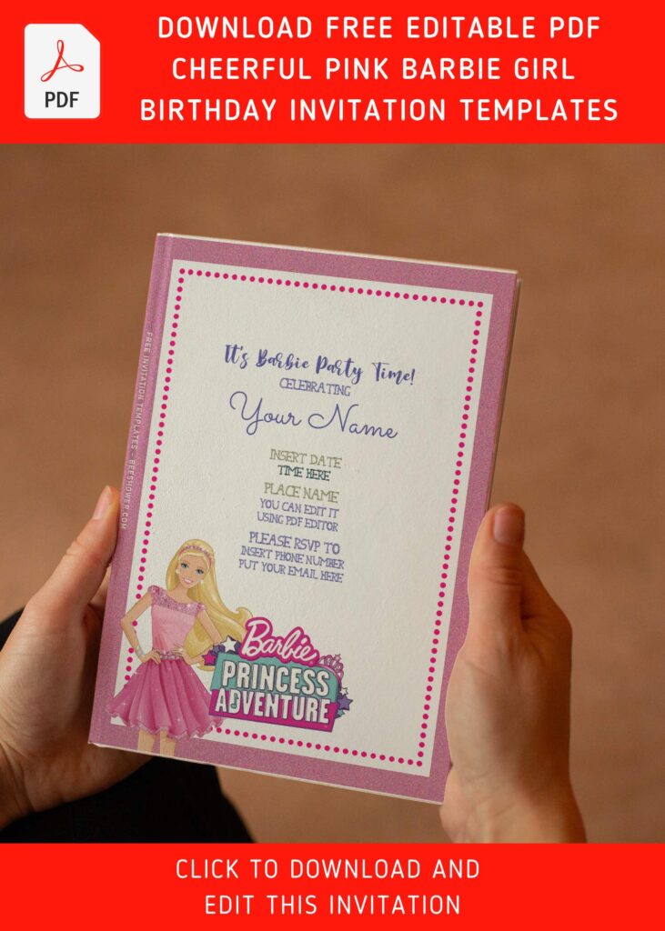 (Free Editable PDF) Cheerful Pink Barbie Girl Birthday Invitation Templates with cute Barbie graphics