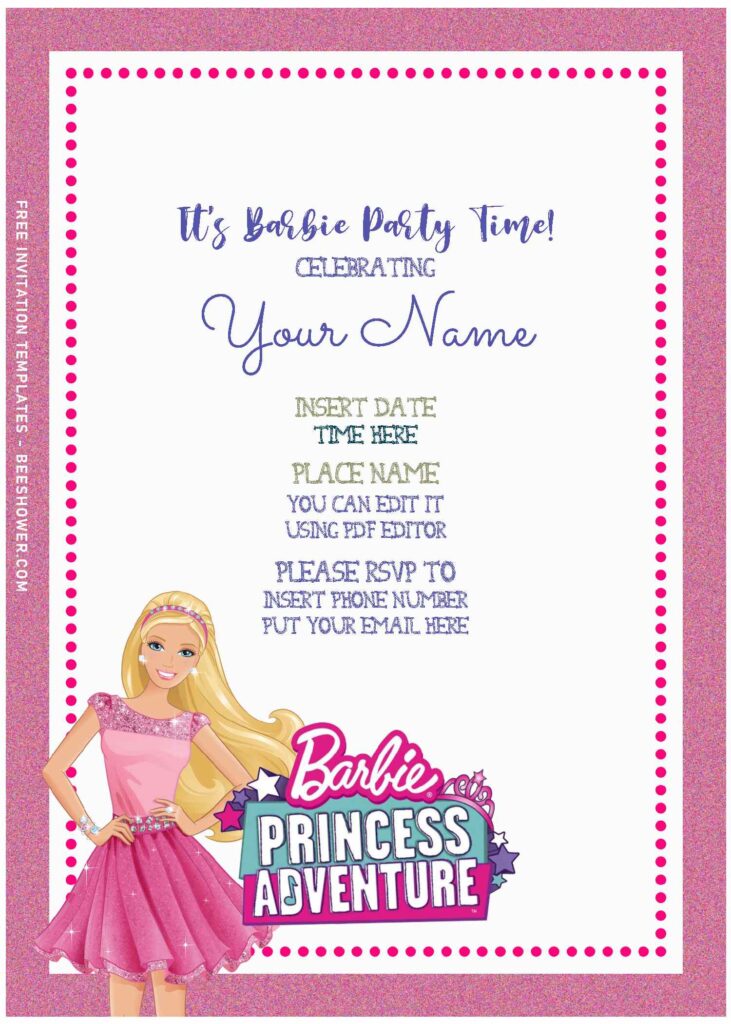 (Free Editable PDF) Cheerful Pink Barbie Girl Birthday Invitation Templates with cute wordings