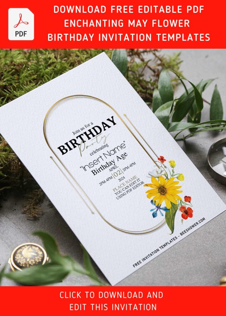 (Free Editable PDF) Breathtaking Spring Blooms Birthday Invitation Templates with watercolor sunflowers