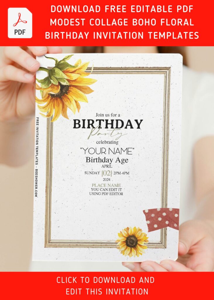 (Free Editable PDF) Wooden Frame And Flower Birthday Invitation Templates with watercolor yellow sunflower
