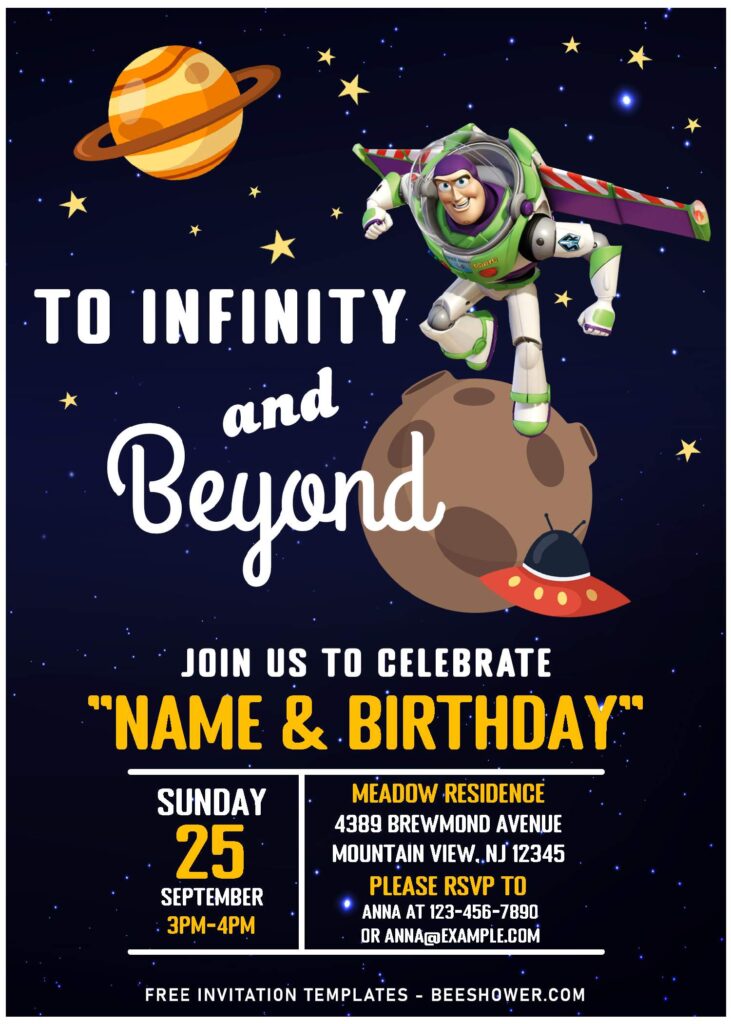 (Free Editable PDF) To Infinity And Beyond Buzz Lightyear Invitation Templates with space background