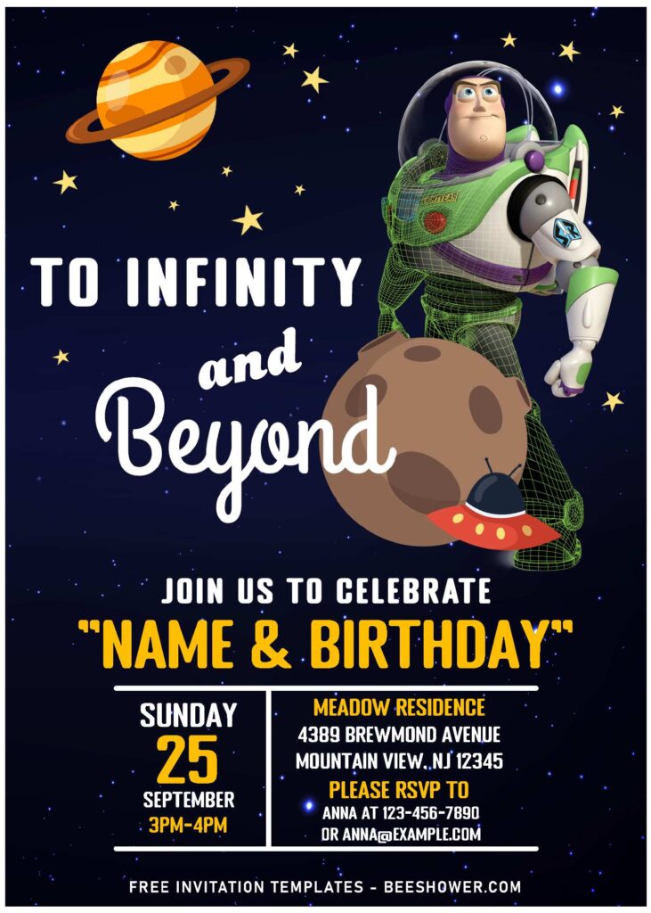(Free Editable PDF) To Infinity And Beyond Buzz Lightyear Invitation Templates with cartoon UFO
