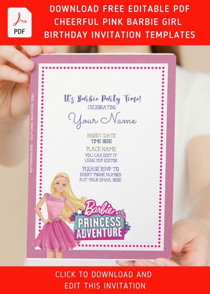 (Free Editable PDF) Cheerful Pink Barbie Girl Birthday Invitation Templates with pink glitter background