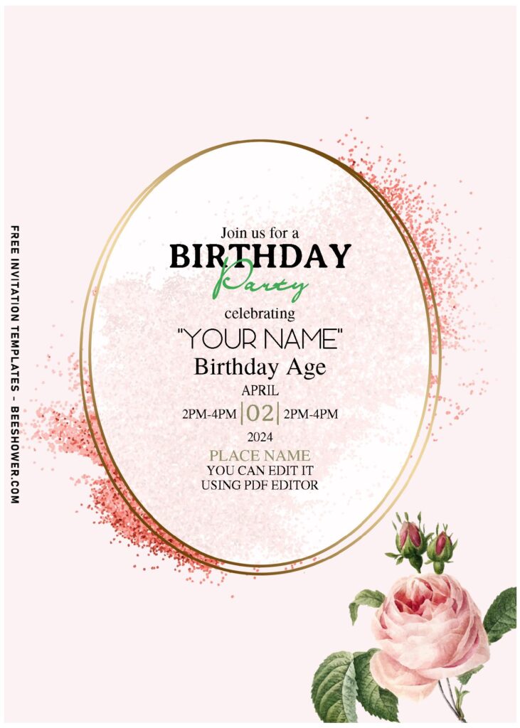 (Free Editable PDF) Sparkling Blush Glitter Garden Rose Invitation Templates with gleaming gold frame