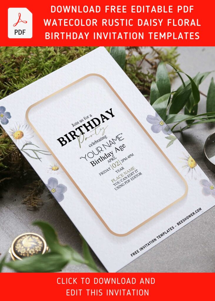 (Free Editable PDF) Watercolor Rustic Daisy Floral Birthday Invitation Templates with editable text