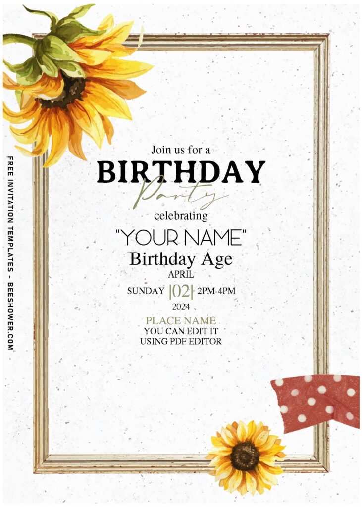 (Free Editable PDF) Wooden Frame And Flower Birthday Invitation Templates with beautiful sunflowers