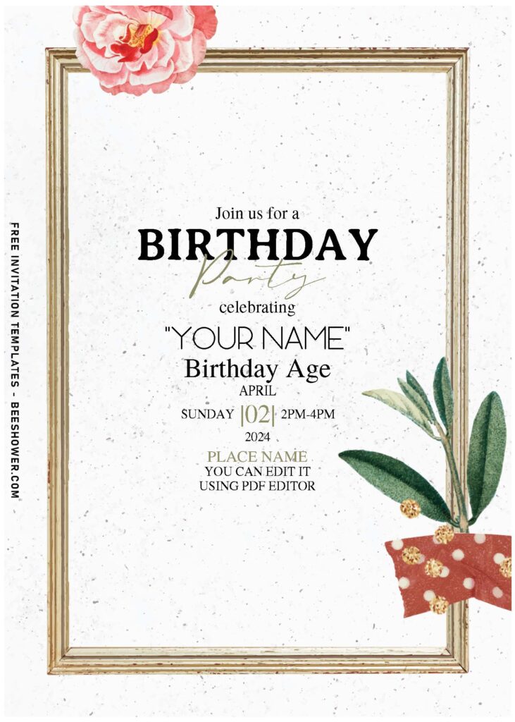 (Free Editable PDF) Wooden Frame And Flower Birthday Invitation Templates with pristine white background