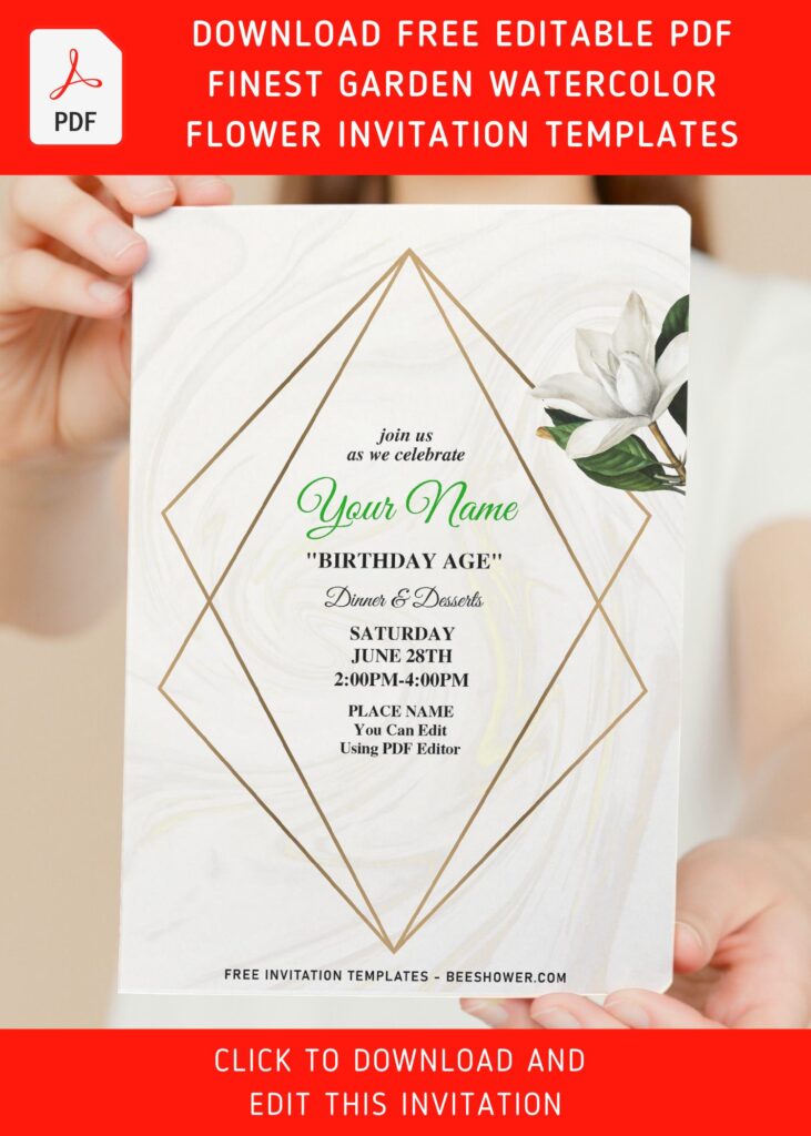 (Free Editable PDF) Blissful Romantic Flowers Birthday Invitation Templates with white marble background