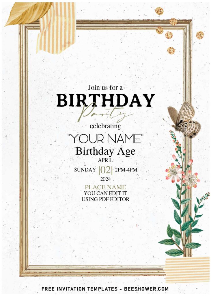 (Free Editable PDF) Wooden Frame And Flower Birthday Invitation Templates with elegant script