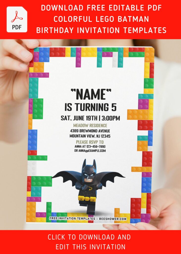 (Free Editable PDF) Colorful Superhero Lego Batman Birthday Invitation Templates with portrait orientation design