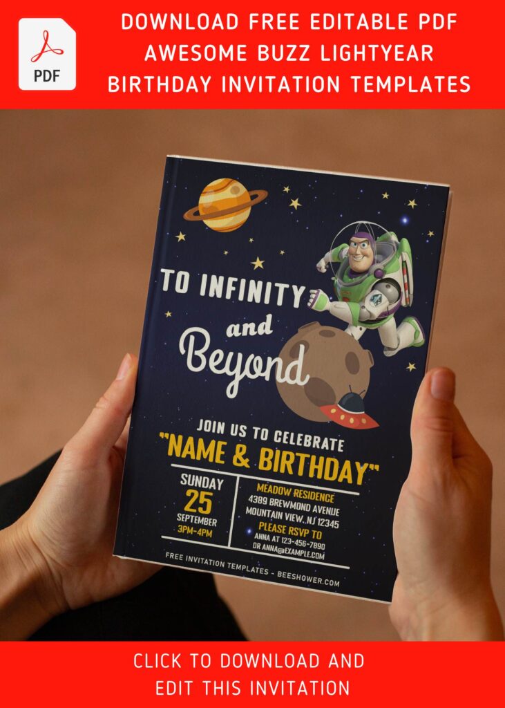 (Free Editable PDF) To Infinity And Beyond Buzz Lightyear Invitation Templates with cute wordings