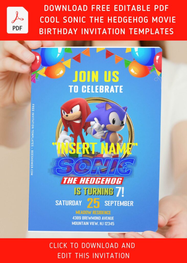 (Free Editable PDF) Playful Sonic The Hedgehog Birthday Invitation Templates with Cartoon Sonic
