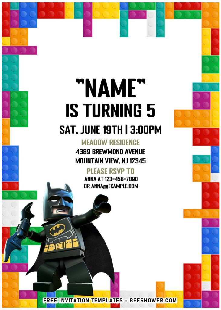 (Free Editable PDF) Colorful Superhero Lego Batman Birthday Invitation Templates with colorful Brick background