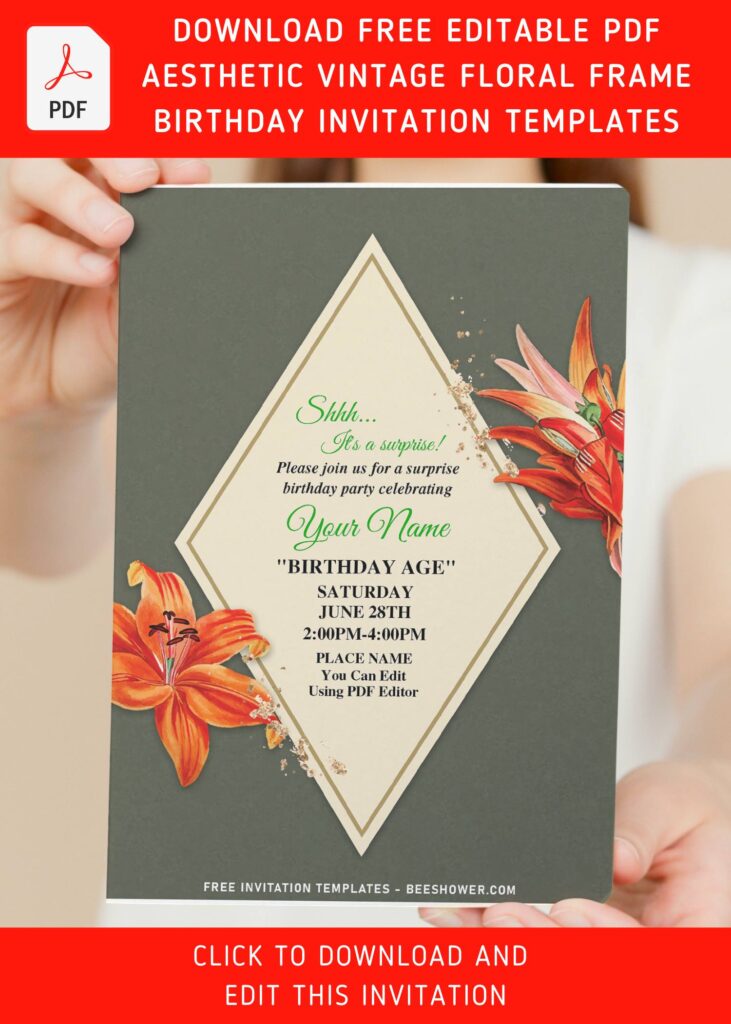 (Free Editable PDF) Aesthetic Vintage Hawaiian Hibiscus Floral Invitation Templates with dark sage green background