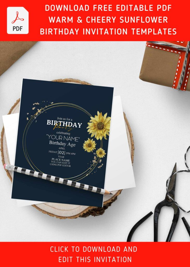 (Free Editable PDF) Warm And Cheery Sunflower Bouquet Birthday Invitation Templates with gold sparkles