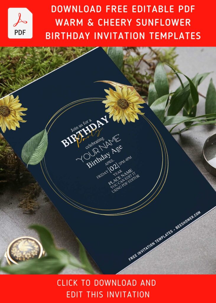 (Free Editable PDF) Warm And Cheery Sunflower Bouquet Birthday Invitation Templates with editable text
