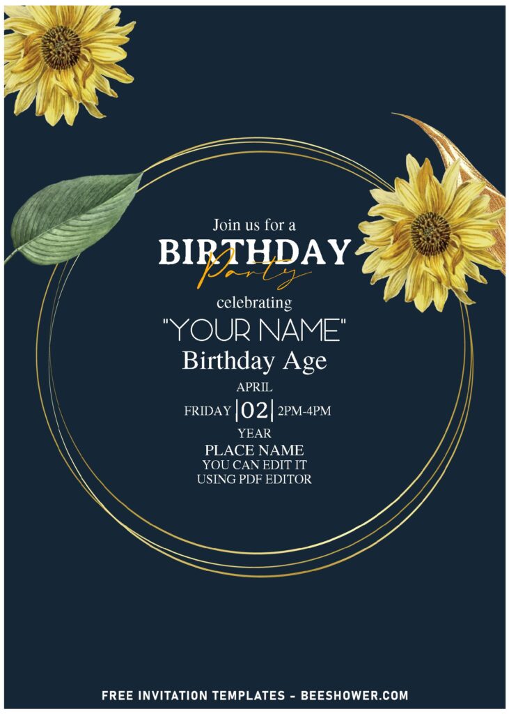 (Free Editable PDF) Warm And Cheery Sunflower Bouquet Birthday Invitation Templates with greenery leaf