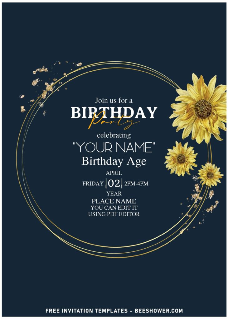 (Free Editable PDF) Warm And Cheery Sunflower Bouquet Birthday Invitation Templates with elegant gold geometric frame