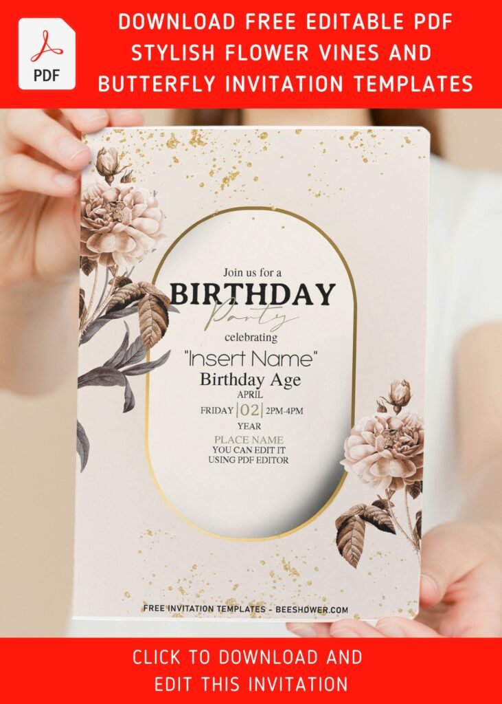 (Free Editable PDF) Timeless Stunning Flower Vines Birthday Invitation Templates with editable text