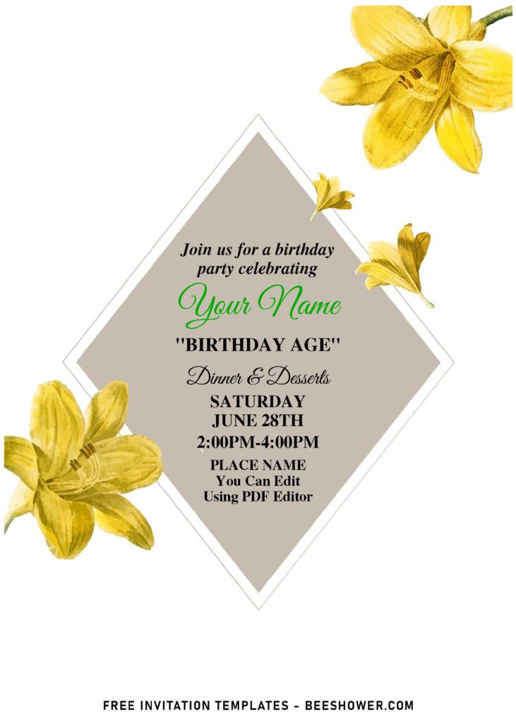 (Free Editable PDF) Whimsical Fawn Stargazer Calla Lily Birthday Invitation Templates with pristine white background
