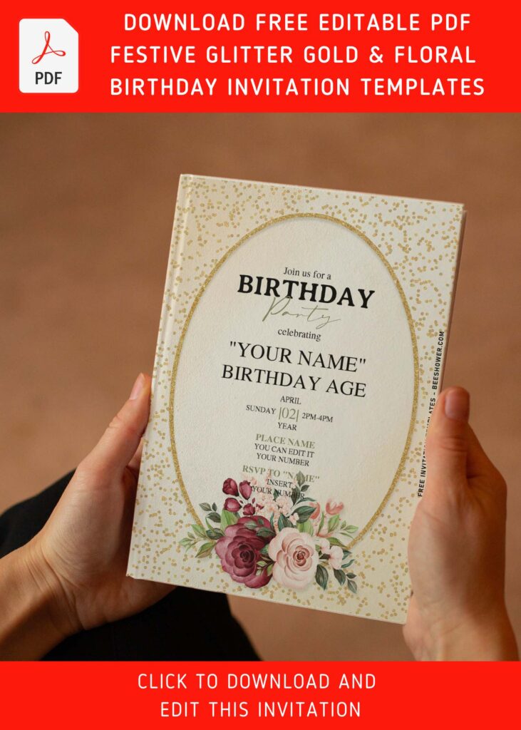 (Free Editable PDF) Glamorous Sparkly Gold & Chic Rose Birthday Invitation Templates with oval shape text frame