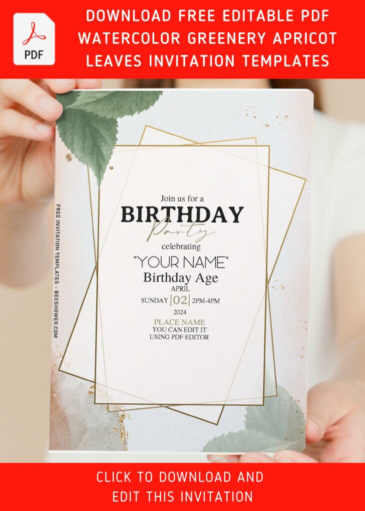 (Free Editable PDF) Beautiful Natural Apricot Leaves Birthday Invitation Templates with editable text