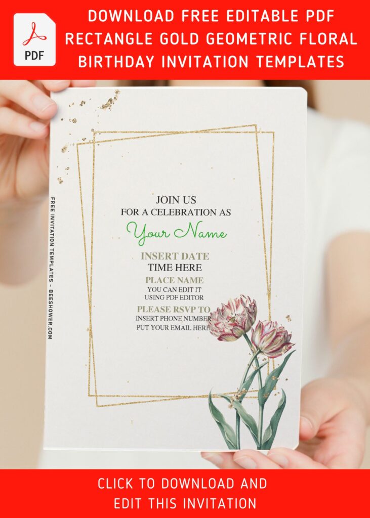 (Free Editable PDF) Geometric & Dusty Flowers Birthday Invitation Templates with canvas white background