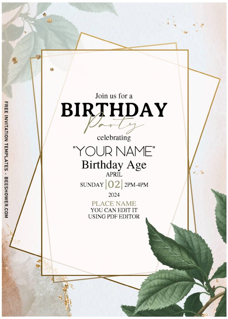 (Free Editable PDF) Beautiful Natural Apricot Leaves Birthday Invitation Templates with gold geometric frame