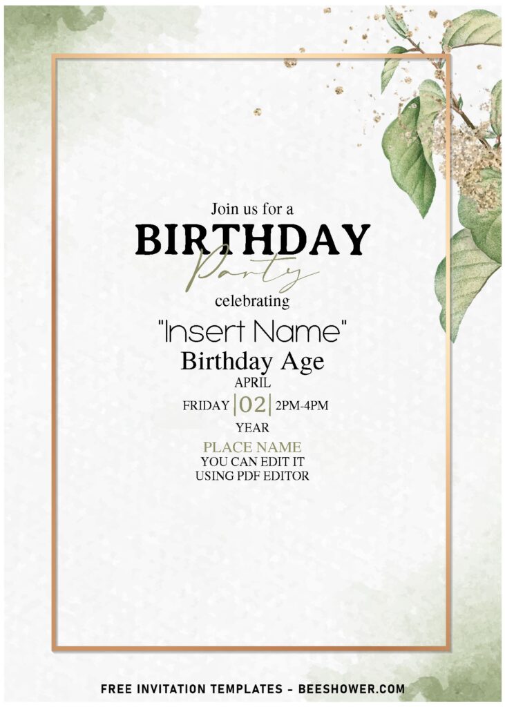 (Free Editable PDF) Enchanted Gold And Earthy Greenery Birthday Invitation Templates with elegant script