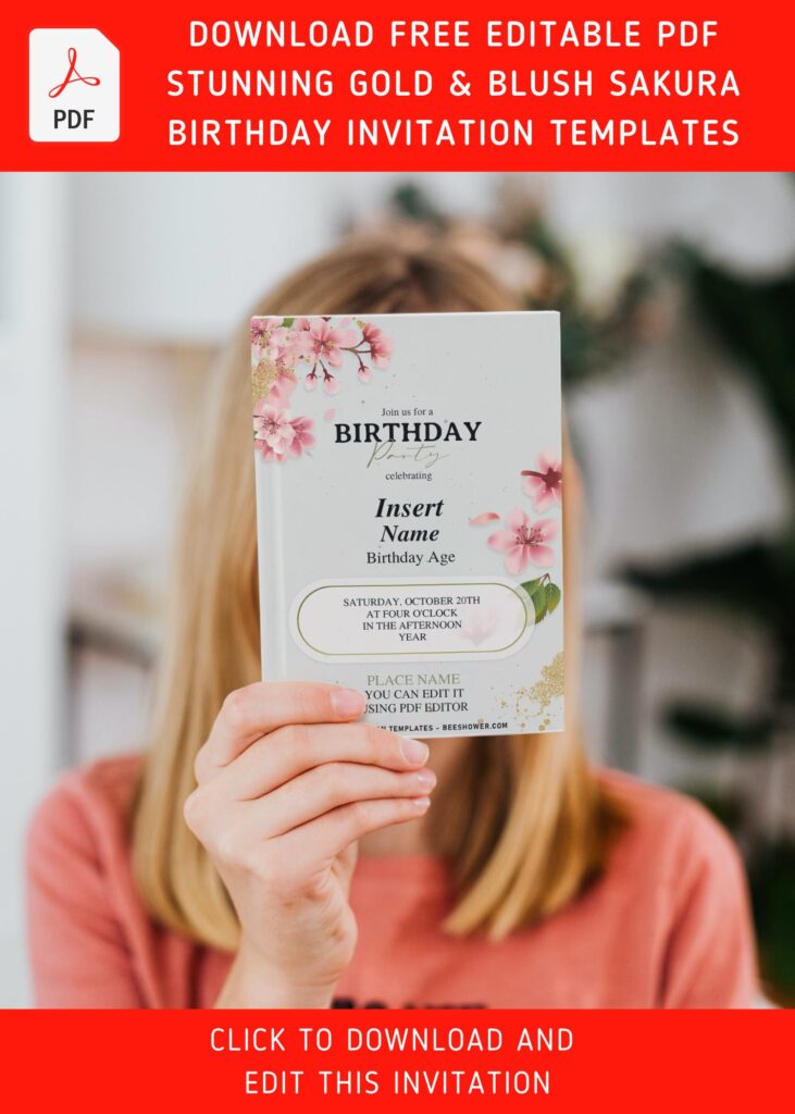 (Free Editable PDF) Stunning Gold & Blush Sakura Birthday Invitation Templates with elegant text box