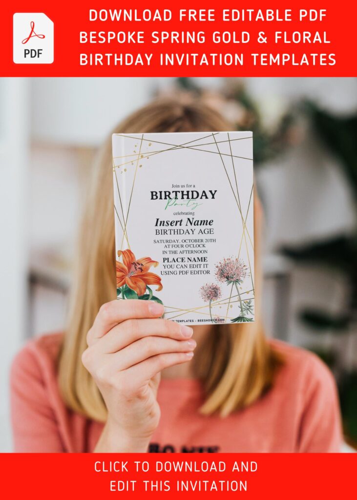 (Free Editable PDF) Bespoke Spring Gold And Floral Birthday Invitation Templates with dandelion