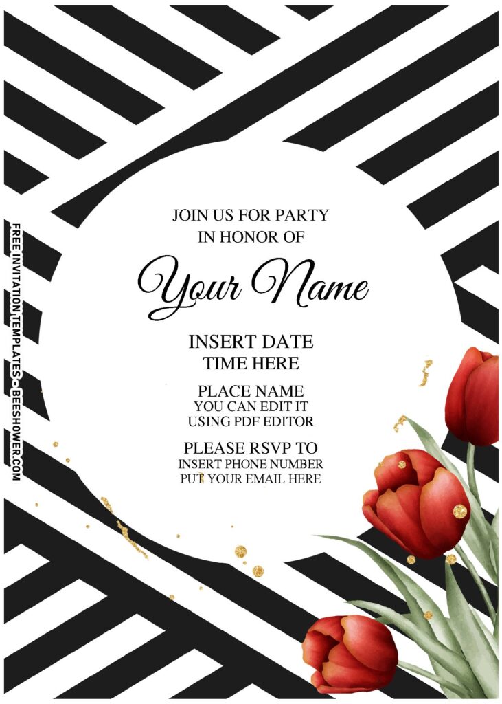 (Free Editable PDF) Modern Ribbon Black And White Floral Invitation Templates with beautiful tulips
