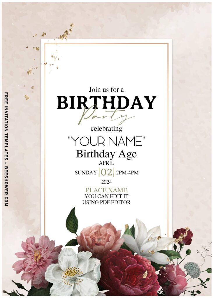 (Free Editable PDF) Inspiring Burgundy And White Rose Floral Invitation Templates with sparkly gold glitter