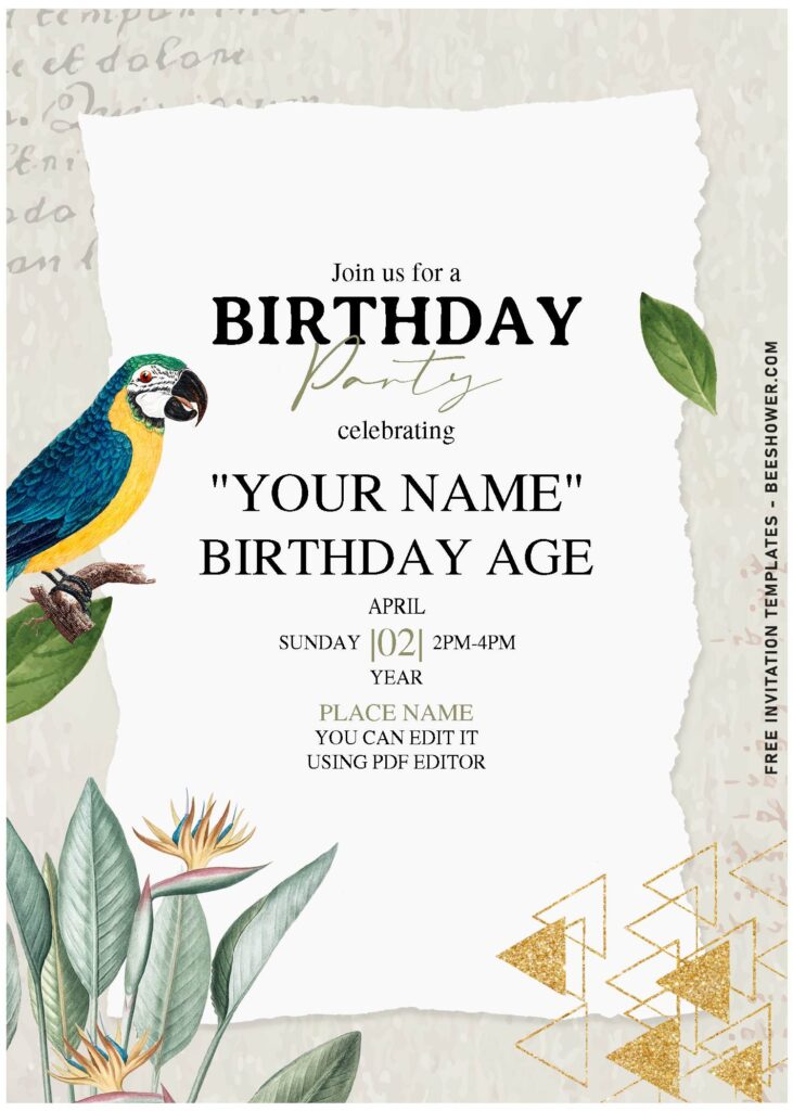 (Free Editable PDF) Creative & Unique Tropical Summer Birthday Invitation Templates with elegant script