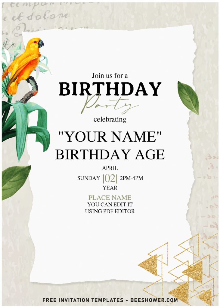 (Free Editable PDF) Creative & Unique Tropical Summer Birthday Invitation Templates with cute Parrot