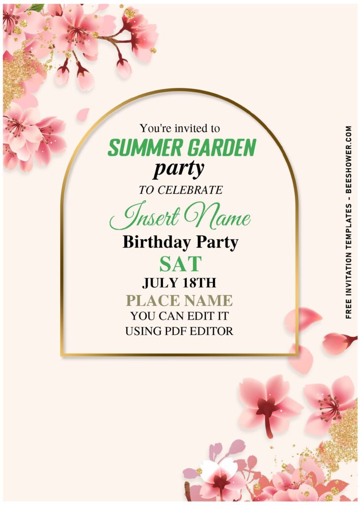 (Free Editable PDF) Spring Gold Butterfly And Greenery Leaves Birthday Invitation with classy gold foiled text frame