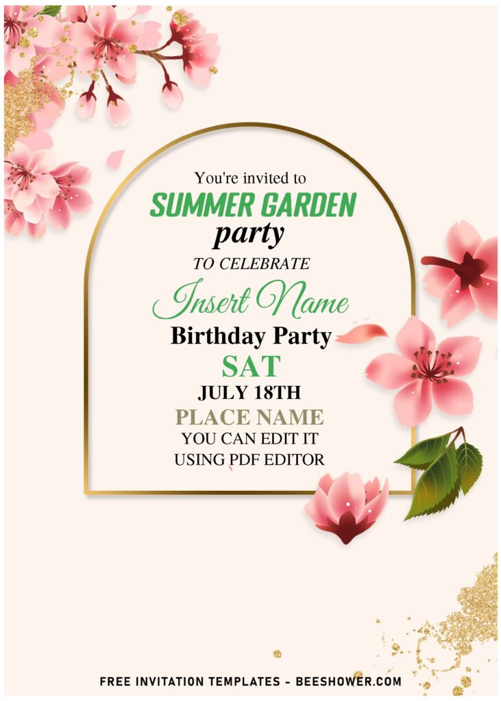 (Free Editable PDF) Spring Gold Butterfly And Greenery Leaves Birthday Invitation with elegant floral arch