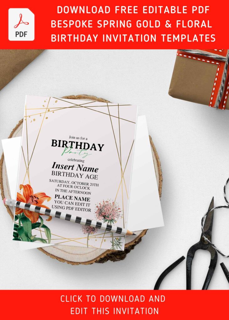 (Free Editable PDF) Bespoke Spring Gold And Floral Birthday Invitation Templates with 