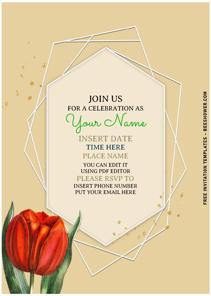 (Free Editable PDF) Casual Geometric Lily And Arrowhead Invitation Templates with red tulip