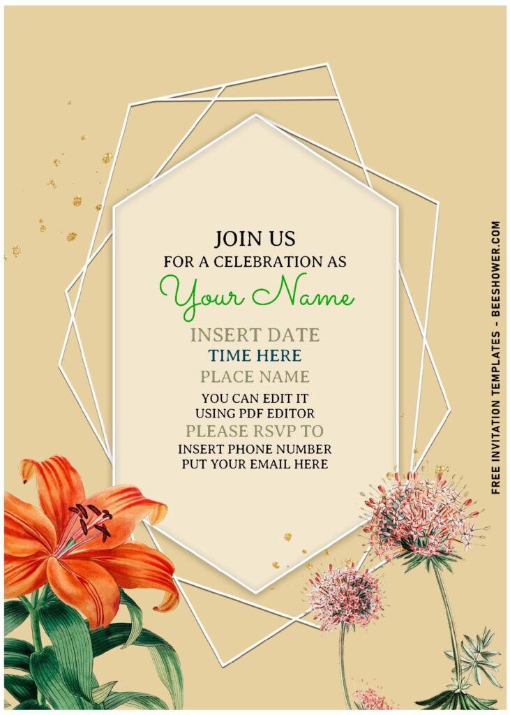 (Free Editable PDF) Casual Geometric Lily And Arrowhead Invitation Templates with stargazer lily