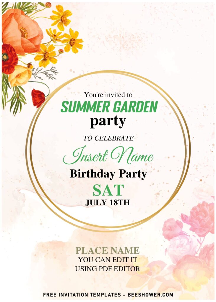 (Free Editable PDF) Dazzling Gold Flower Wreath Birthday Invitation Templates with red tulips