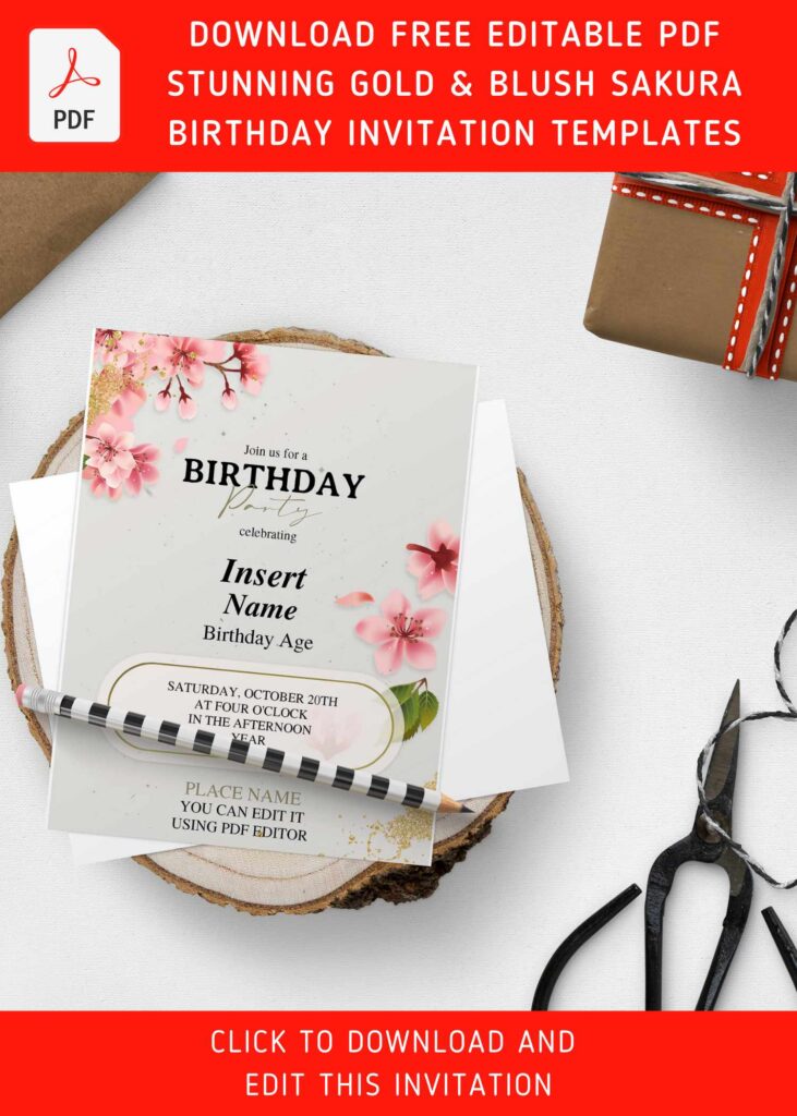 (Free Editable PDF) Stunning Gold & Blush Sakura Birthday Invitation Templates with minimalist design