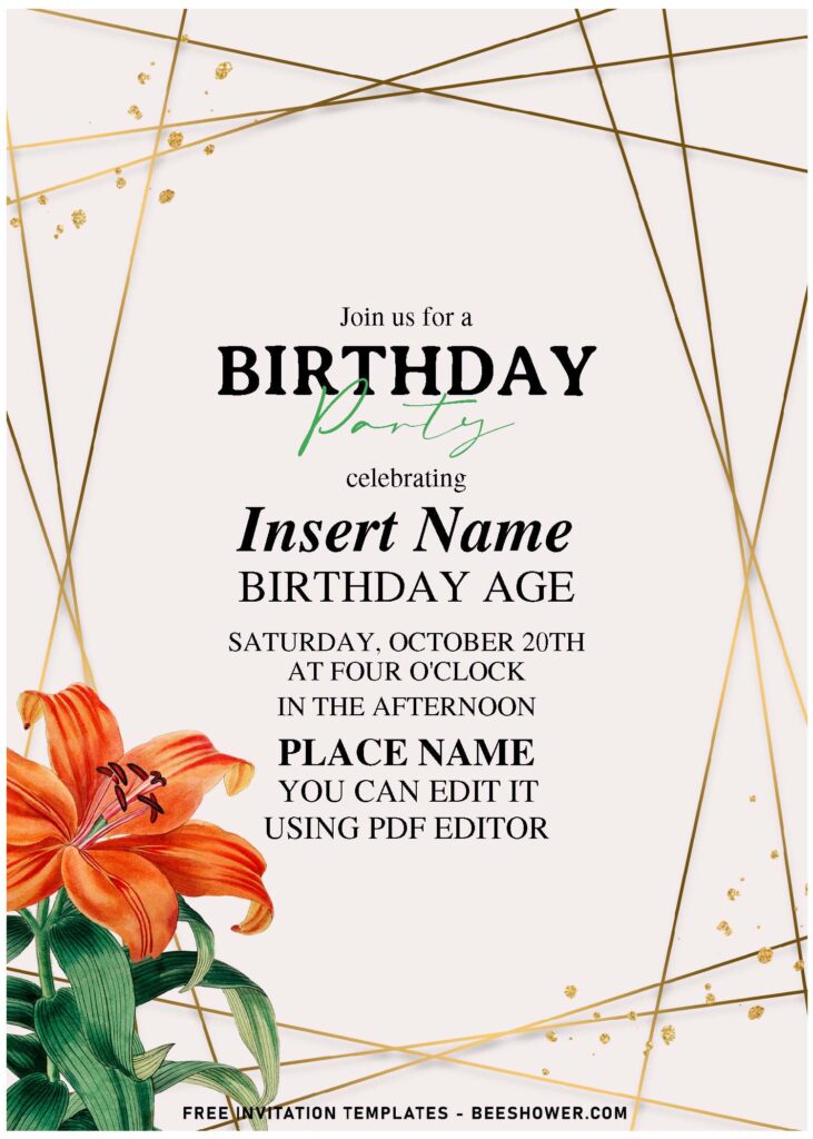 (Free Editable PDF) Bespoke Spring Gold And Floral Birthday Invitation Templates with stargazer lily
