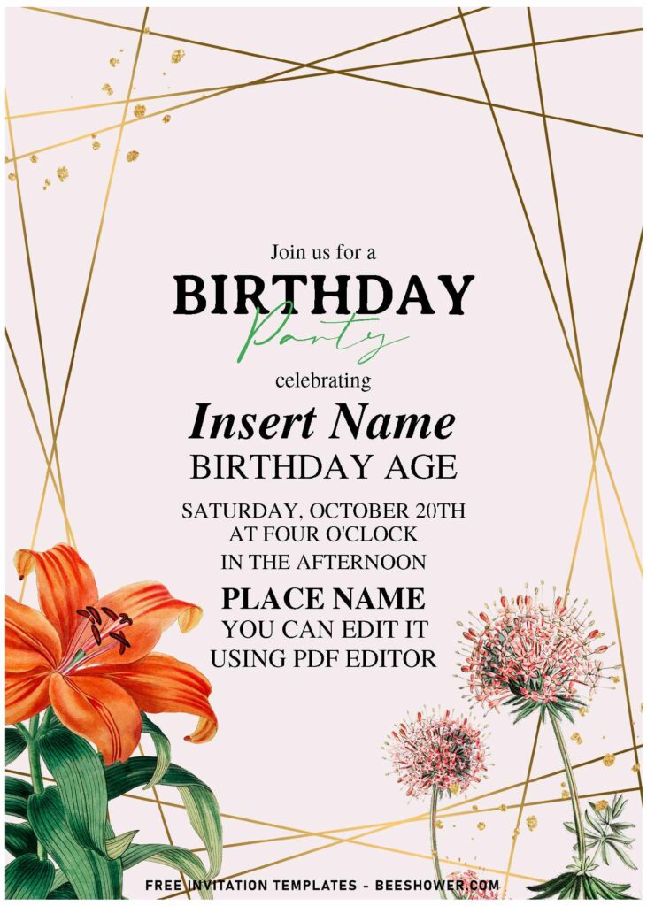(Free Editable PDF) Bespoke Spring Gold And Floral Birthday Invitation Templates with elegant script