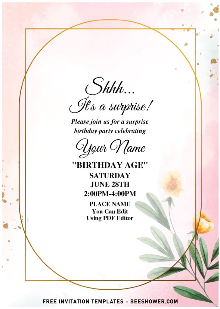 (Free Editable PDF) On-Trend Beautiful And Lively Bright Spring Flower Invitation Templates with stunning asymmetric gold text frame